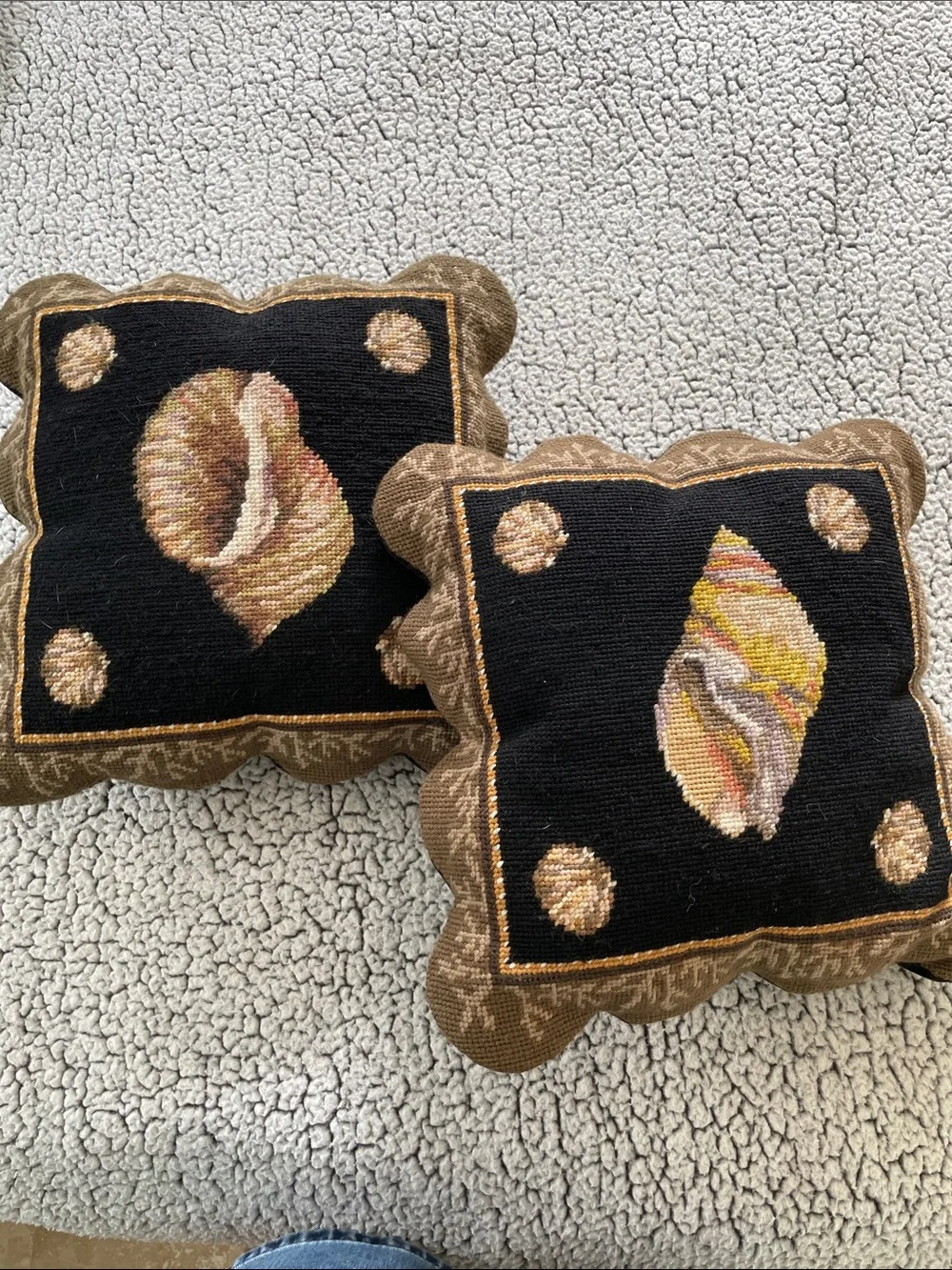 Hand-Embroidered Nautical Shell Needlepoint Throw Pillows - Pair
